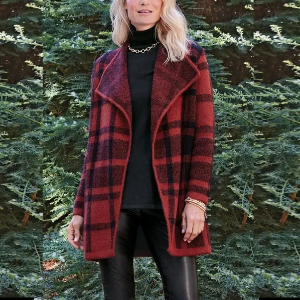 Soft Surroundings Cozy Cottage Cardigan Sweater Plaid Red Black Size Small NEW